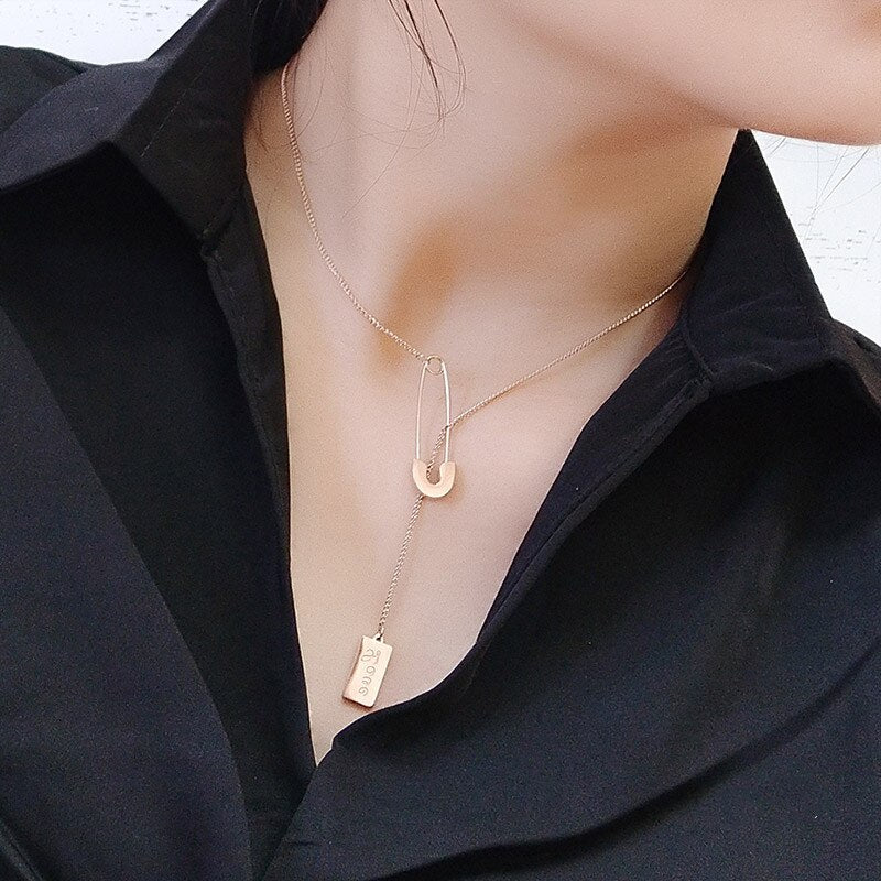 Silver Color Stainless Steel Pin Rectangle Tassel Choker Necklace Women Chains Jewelry On The Neck Female Necklaces Accessories