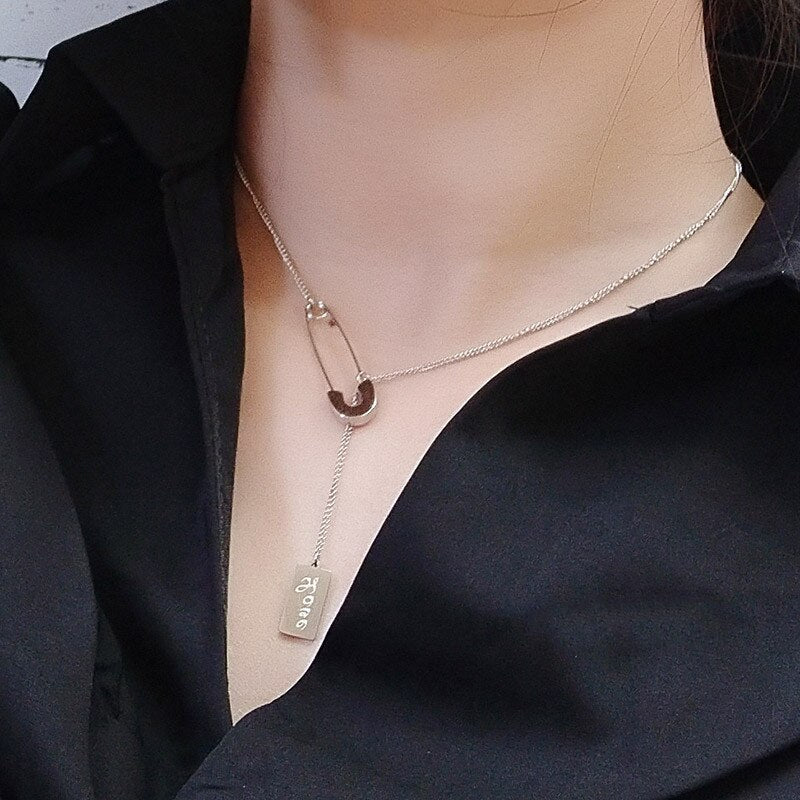 Silver Color Stainless Steel Pin Rectangle Tassel Choker Necklace Women Chains Jewelry On The Neck Female Necklaces Accessories