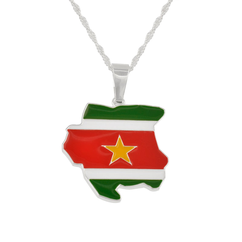 Silver Color Suriname Map Flag Pendant Necklaces Sarnam Jewelry Gifts #J0010