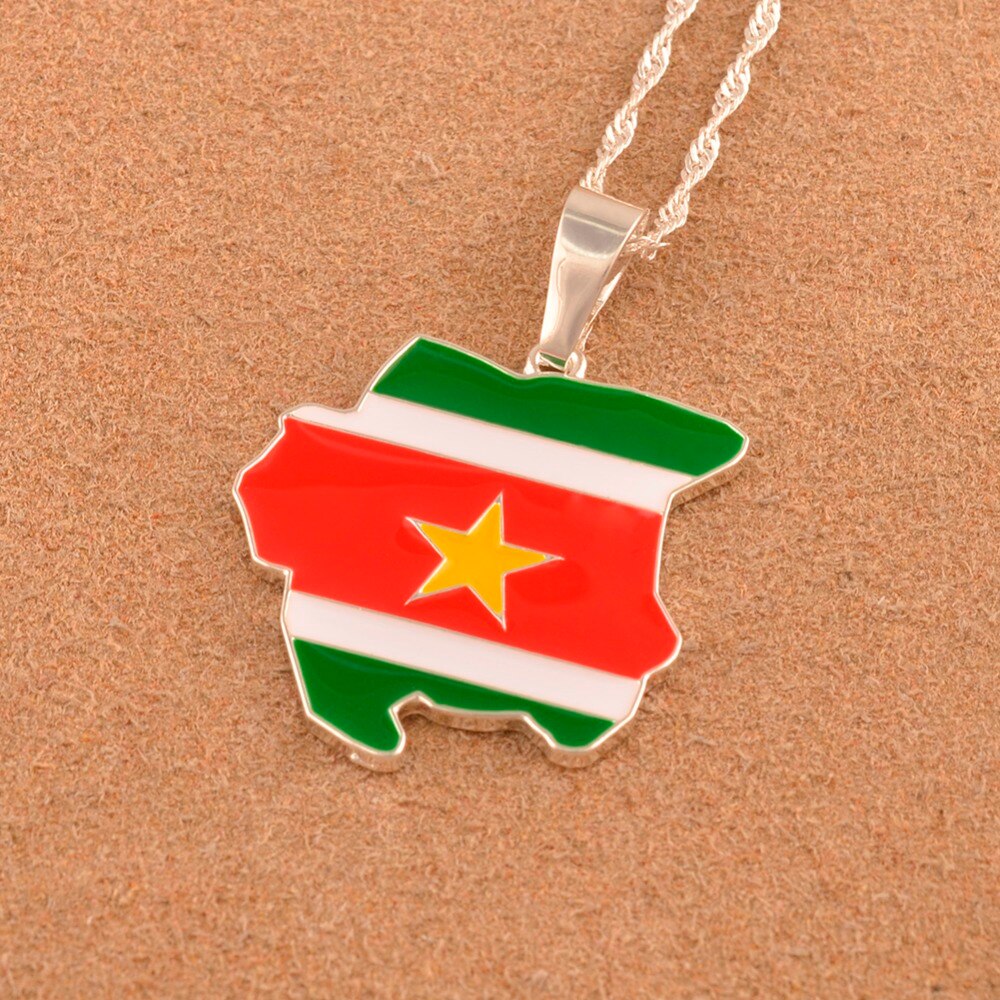 Silver Color Suriname Map Flag Pendant Necklaces Sarnam Jewelry Gifts #J0010