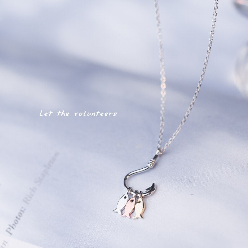 Silver Color Three Little Fish Pendant Originality Necklaces Lucky Fish Hook Necklace For Women Jewelry Girl Gift