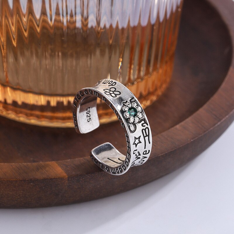 Silver Colour Flower Green Crystal Rings For Women Aesthetic Ring Vintage Punk Jewelry  Items GaaBou Jewellery