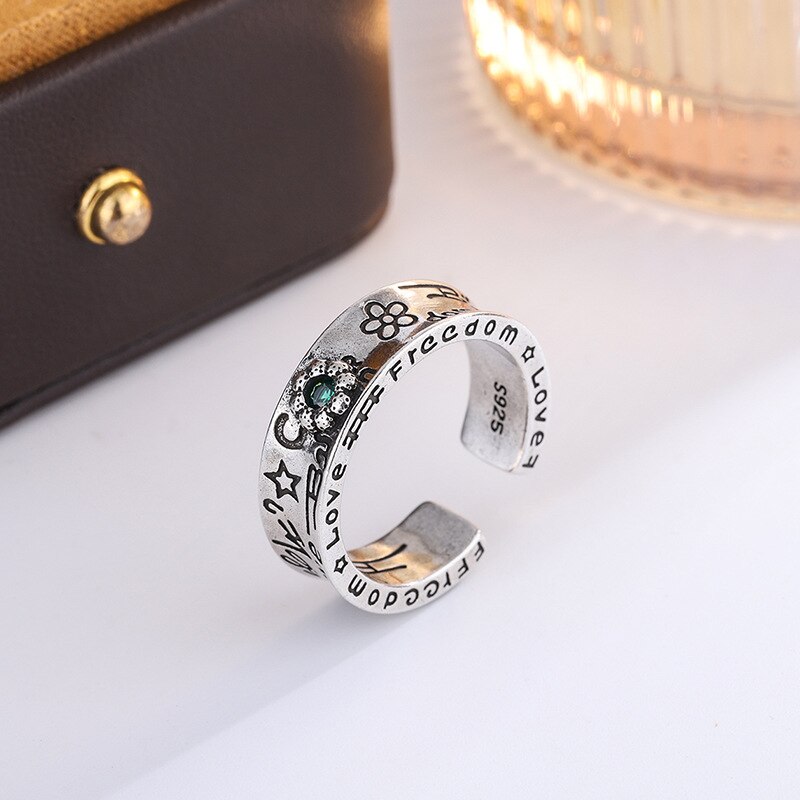 Silver Colour Flower Green Crystal Rings For Women Aesthetic Ring Vintage Punk Jewelry  Items GaaBou Jewellery