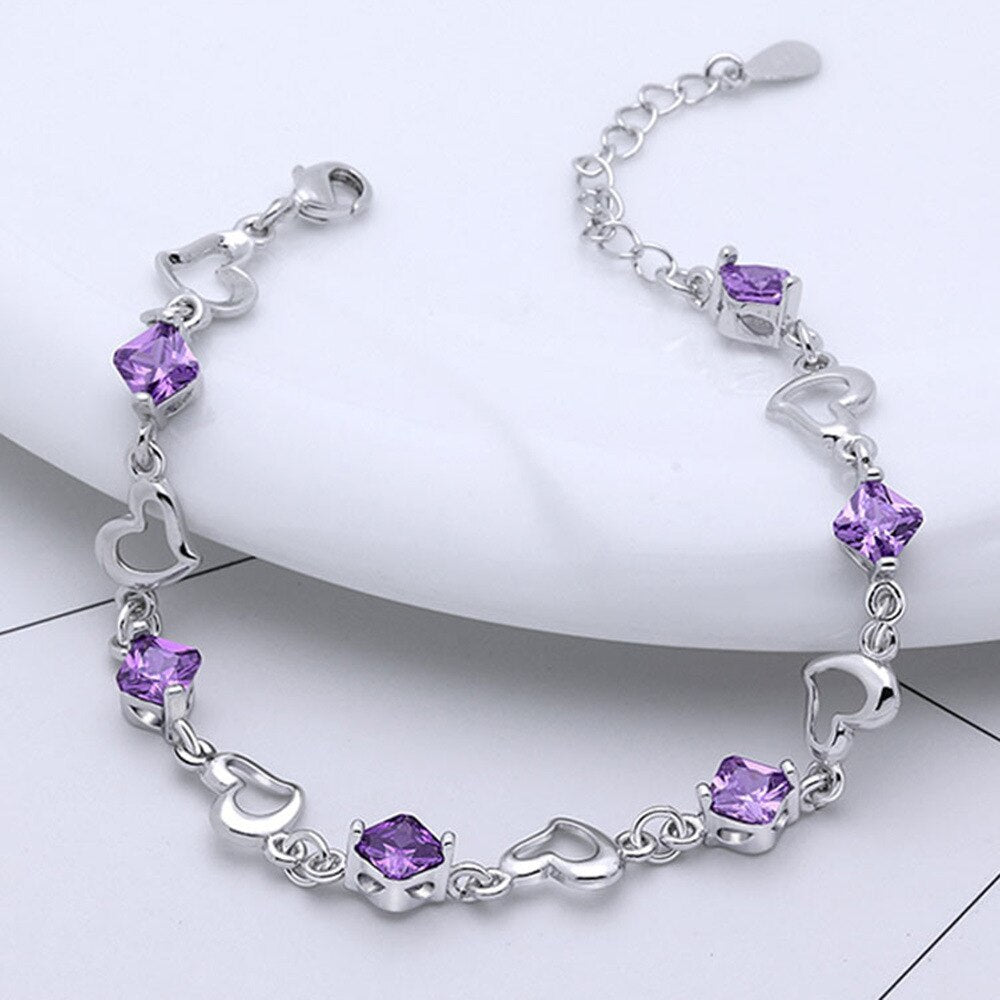 Silver Colour Purple Crystal Heart Charm Bracelet For Women  Jewelry Trend  Items Christmas GaaBou