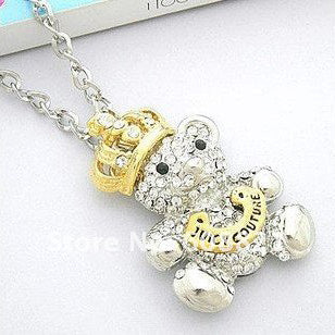 Silver Crown Bear Necklace Women boho bohemian long necklaces pendants Rhinestone Jewelry