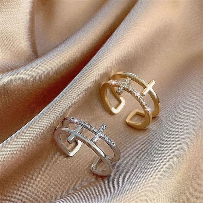 Silver Gold Colour Double Cross Zircon Rings For Women  Wedding Jewelry 2022 Trend Gift Female  GaaBou
