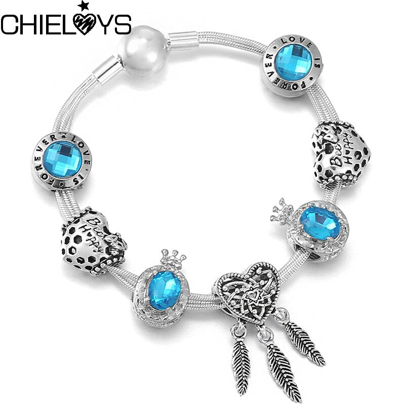 Silver Plated Feather Crystal Crown Pendant Charm Bracelet With Multi-layer Chain Bracelets For Women Wife Romantic Jewelry Gift