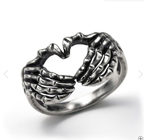 Silver Plated Hand with Heart Rings for Men Punk Gothic Creative Skeleton Couple Ring Women Hip Hop Band Jewelry Charm Gift