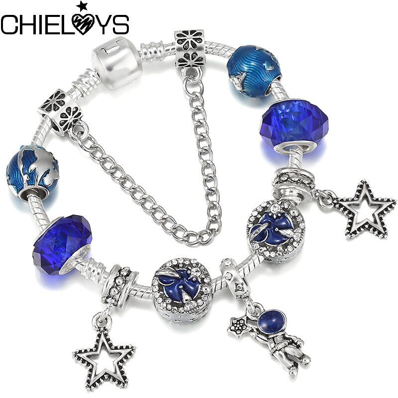 Silver Plated Star Airplane Charm Bracelet With Blue Astronaut Pendant DIY Travle Style Bracelets For Women Wife Jewelry Gift