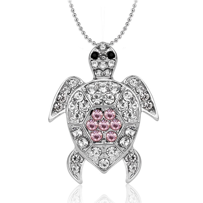 Silver Plated Swimming Sea Turtle Pendant Necklaces with Rhinestone for Women Love Jewelry Long Chains Necklace Pendants