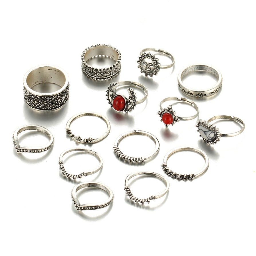 Silver Rings Hot 14pcs/Set Women Bohemian Vintage Silver Stack Rings Above Knuckle Blue Rings Set Drop Shipping JU05