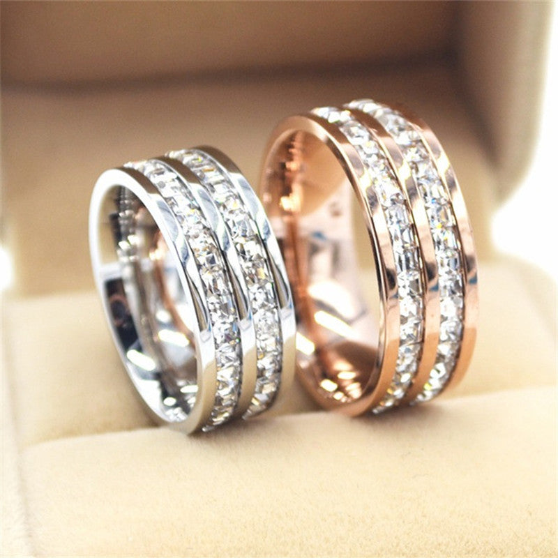 Silver/Rose Gold Titanium Steel Double Row CZ Rings for Women/Men Stainless Steel Crystal Zircon Ring Wedding Band Jewelry R063