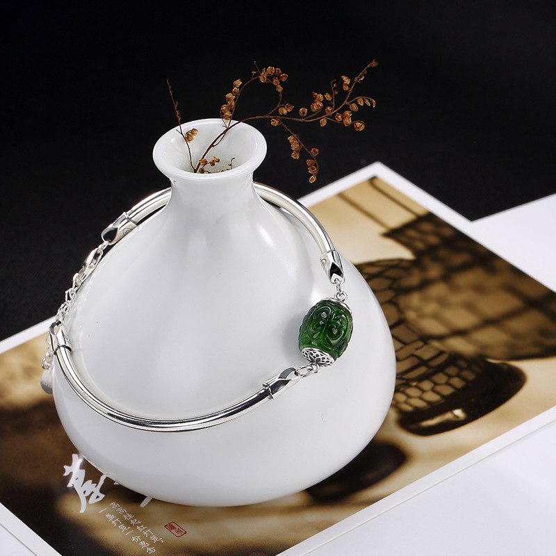 Silver S925 Sterling Silver Antique Mosaic And Jade Jade Transport Beads Simple Smooth Lady Silver Bracelet Wholesale