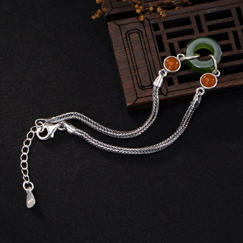 Silver Thai Silver Inlaid Hetian Jade Jade South Red Lady Style Restoring Ancient Ways Joker Silver Bracelet Wholesale