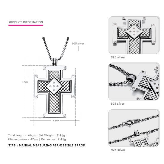Silver Vintage Cross Pendant For Man 925 Silver Beads Necklace European Retro Statement Pendant Dropshipping YOU ME