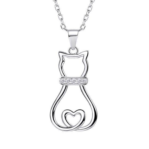 100% Real 925 Sterling Silver Cat Pendant Necklace & Chain Women Fine Jewelry Cute Animal Crystal Necklaces SCP6001B