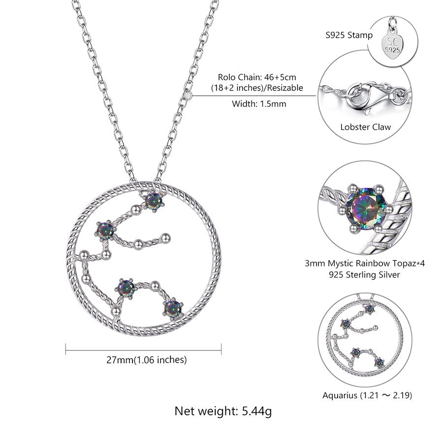 925 Sterling Silver 12 Constellation Round Aquarius Topaz Necklace For Women Stars Sign Zodiac Fine Jewelry SCP6073B