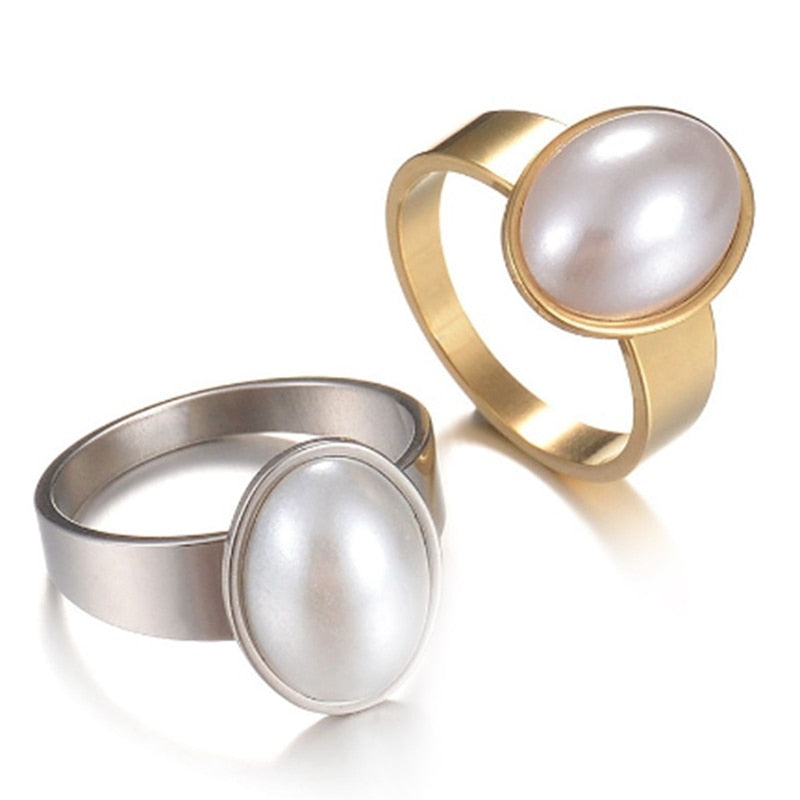 Silvery Oval imitation pearl 316L Stainless Steel wedding rings for men women