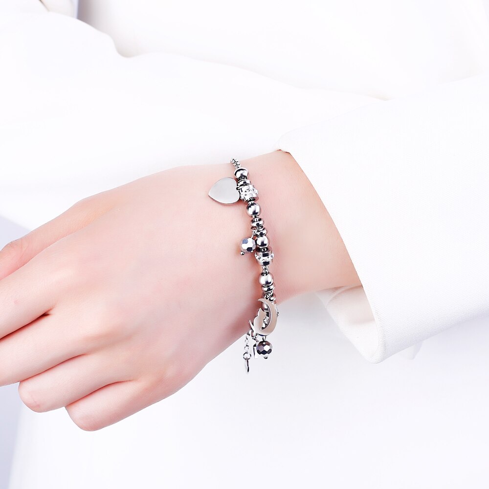 Silvery Stainless Steel Bracelet For Woman Heart Star Moon Cat Pendant Glass Beads Chain Charms Bracelets 2022 Jewelry