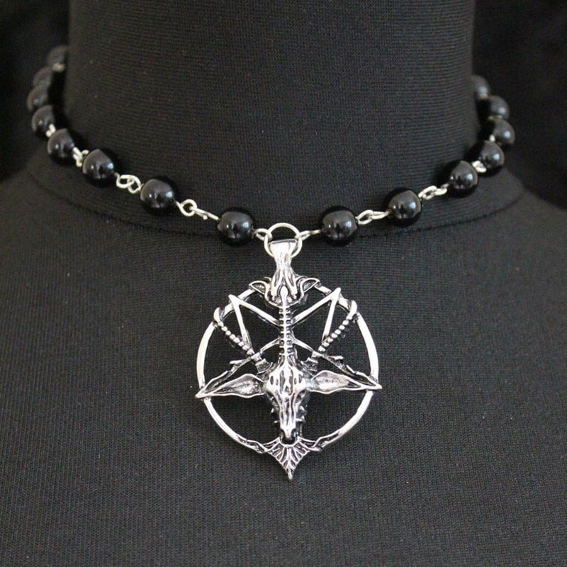 Simple Black Onyx Choker with Baphomet Pendant Vintage Pentagram Skull Round Goat Head Necklace Devil Pan God Necklaces