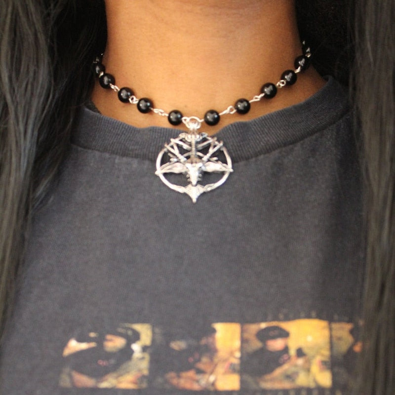 Simple Black Onyx Choker with Baphomet Pendant Vintage Pentagram Skull Round Goat Head Necklace Devil Pan God Necklaces