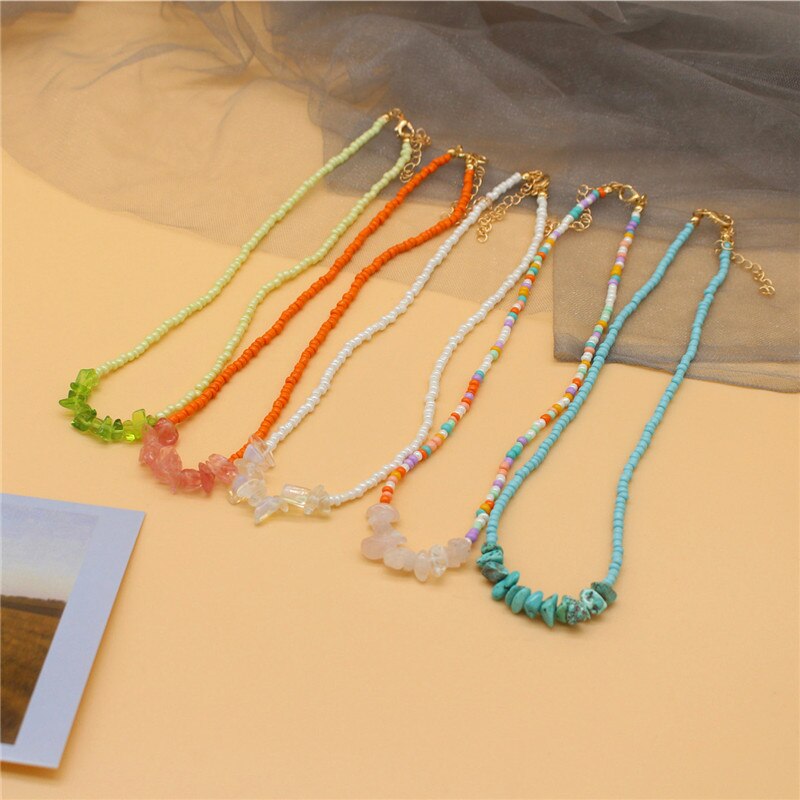 Simple Choker Necklace Seed Beads Irregular Crystal Stone Pendant Collar Women Girl Handmade Gift Jewelry