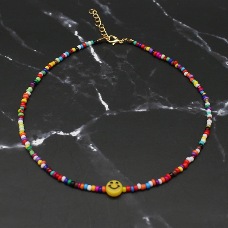 Simple Choker Necklaces Smiley Women Chain Ladies Seed Beads Pendant Girls Jewelry Colorful Trendy Korean Collares