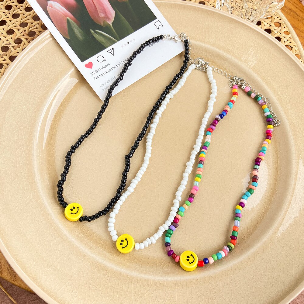 Simple Choker Necklaces Smiley Women Chain Ladies Seed Beads Pendant Girls Jewelry Colorful Trendy Korean Collares