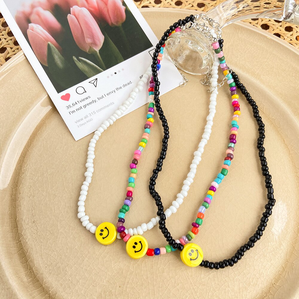 Simple Choker Necklaces Smiley Women Chain Ladies Seed Beads Pendant Girls Jewelry Colorful Trendy Korean Collares
