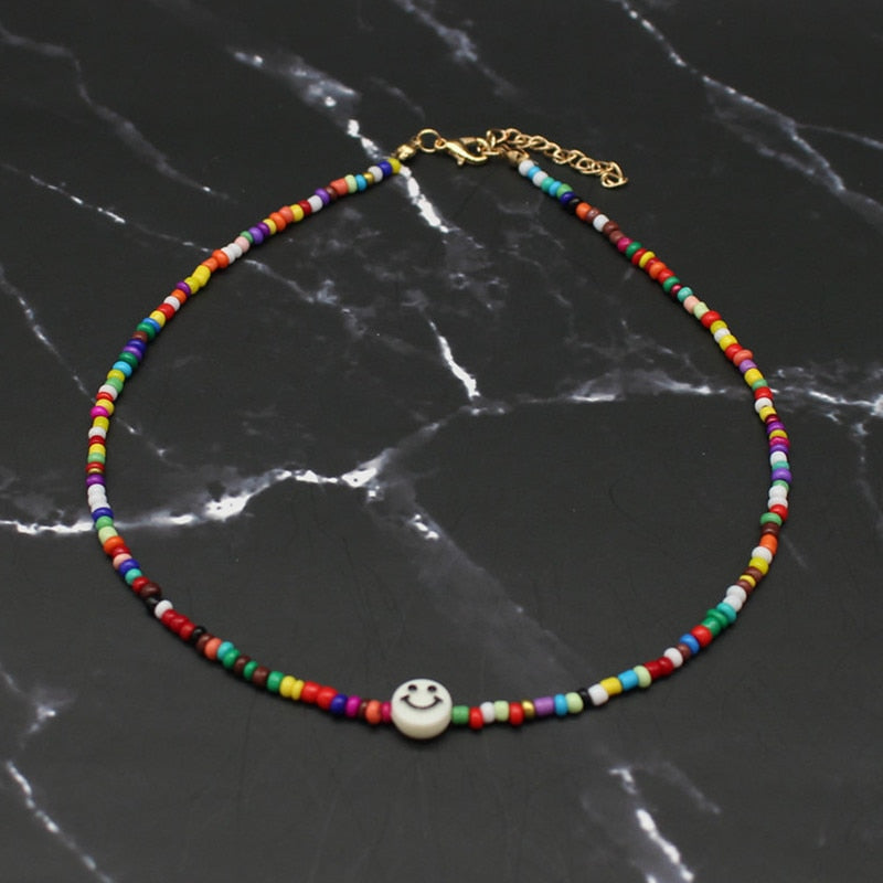 Simple Choker Necklaces Smiley Women Chain Ladies Seed Beads Pendant Girls Jewelry Colorful Trendy Korean Collares