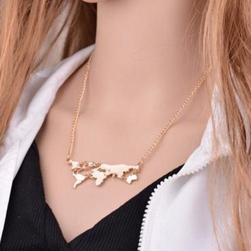 Simple Creative Salable Golden/Silver/Lead Black World Map Pendant Choker Necklaces Exaggeration