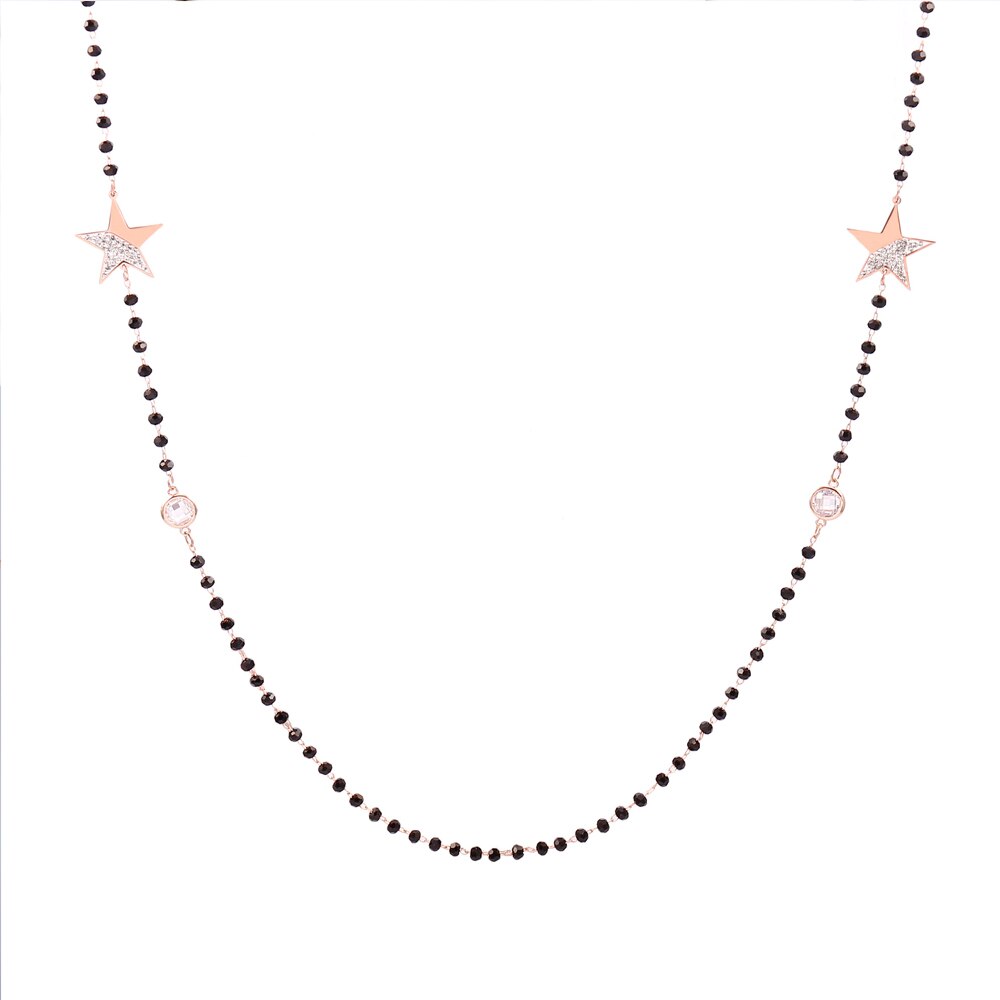 Simple Crystal Zirconia Star Long Necklaces Blak Bead Golden Charms Necklace Bijoux Femme Ladies Party Necklace  Sweater Jewelry