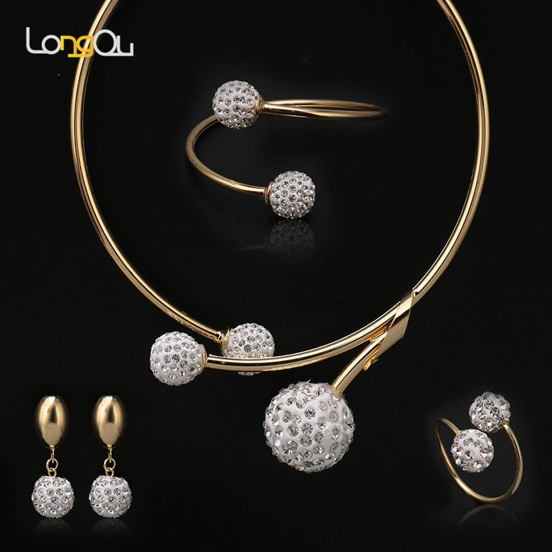 Simple Crystal ball Bridal Jewelry Sets Dubai Gold Color Plated fashion Wedding Jewelry Necklace Bracelet earrings ring Sets