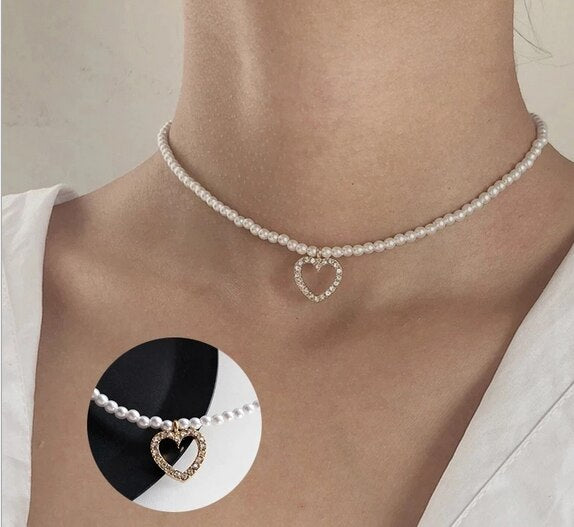 Simple Design Pearls Delicate Crystal Heart Pendant Necklace Women Jewelry