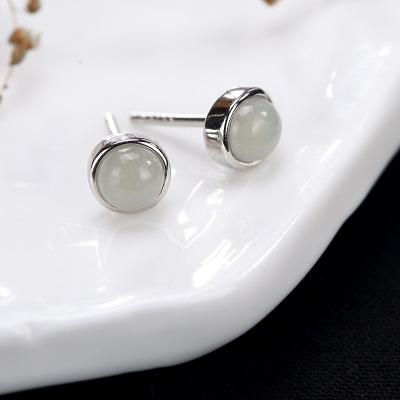 Simple Earrings Stud Small Round Shaped 925 Sterling Silver Earrings Inlaid Natural Stone Jade Jasper Fine Jewelry Allergy Free