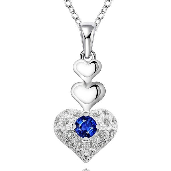 Simple Fashion 925 stamped silver plated Chain Full Mosaic Blue Cubic Zirconia Stone Heart Pendant Necklace Collier Jewelry
