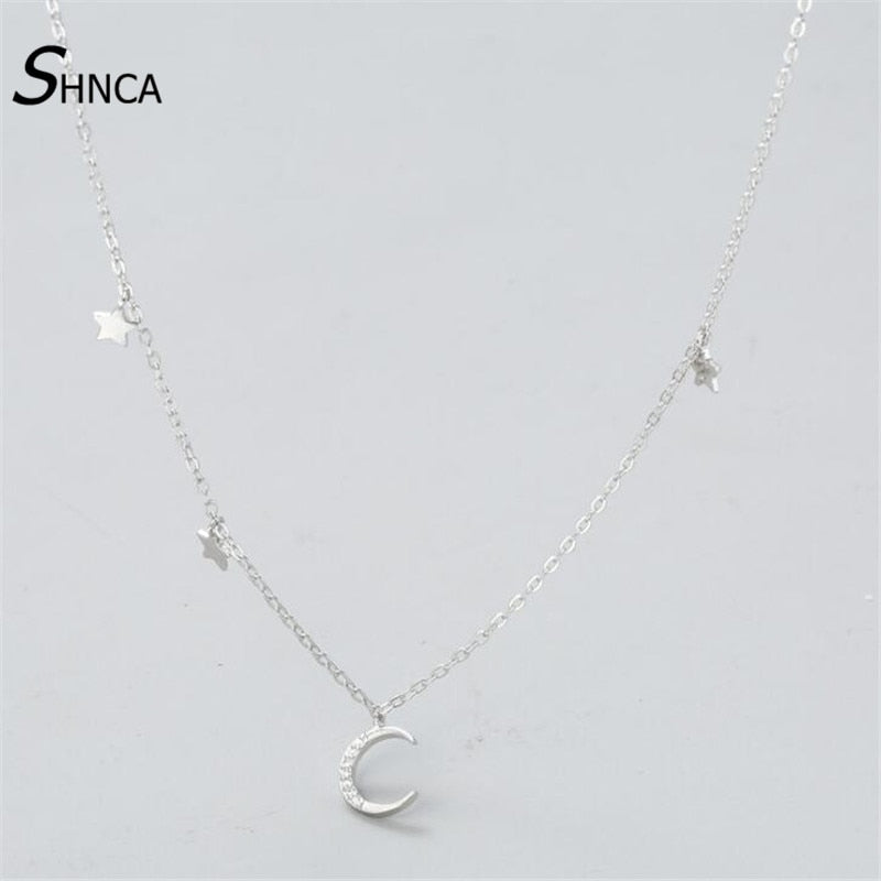 Simple Fashion AAA Zircon 925 Sterling Silver Sweet Cute Moon And Stars Chain Necklaces & Pendants For Women Fine Jewelry N300
