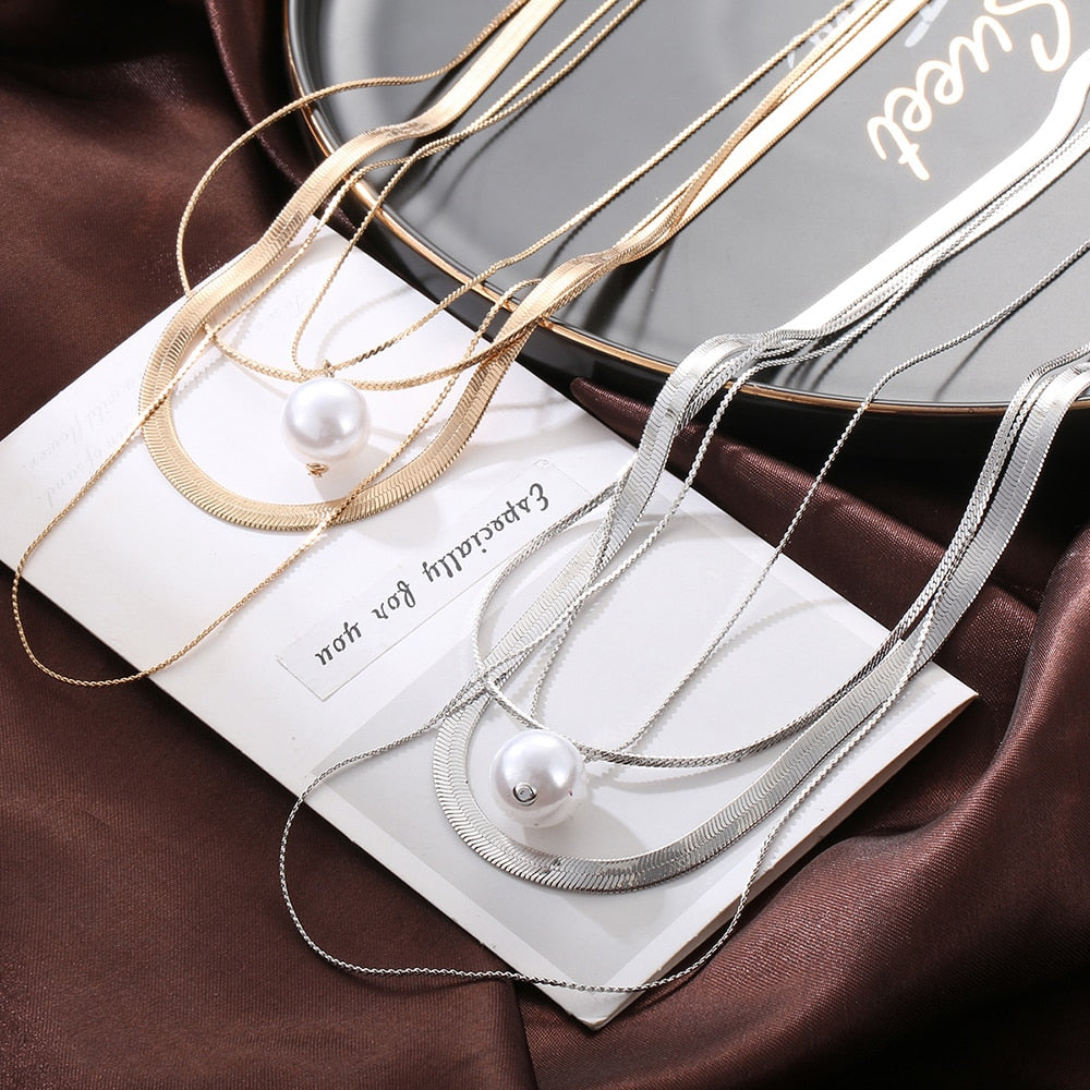 Simple Pearl Sweater Long Chain Necklaces For Women Gold Color Multi-Layer Vintage Pendant Necklace Jewelry Ladies Gift