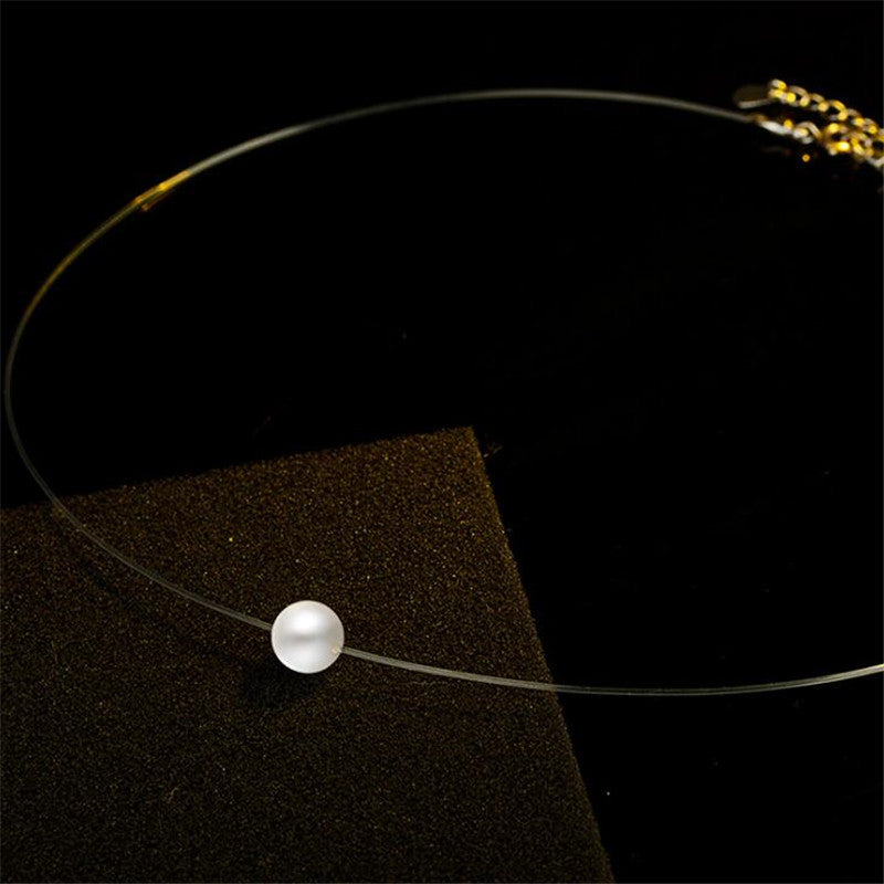 Simple Fashion Round Pearl 925 Sterling Silver Choker Necklace Invisible Transparent Fishing Line Necklaces & Pendants H019