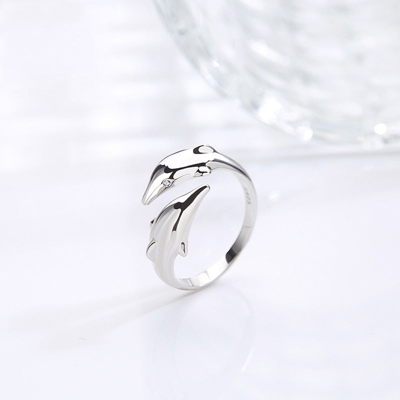 Simple  Silver Color Feather Dolphin Adjustable Ring Exquisite Jewelry Ring For Women Party Wedding Engagement Gift