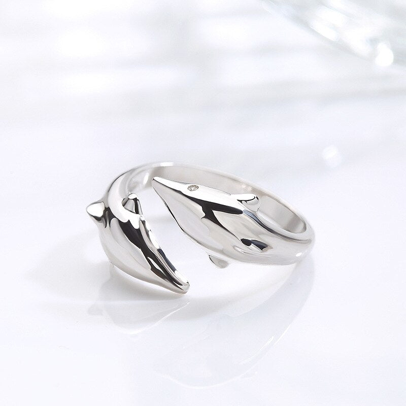 Simple  Silver Color Feather Dolphin Adjustable Ring Exquisite Jewelry Ring For Women Party Wedding Engagement Gift
