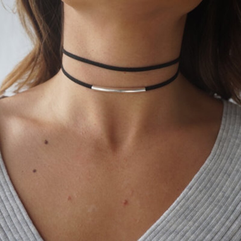 Simple Geometric Double Layers Chokers Necklaces Punk Hollow Black Leather Suede Collar Chocker Necklace Collier Femme