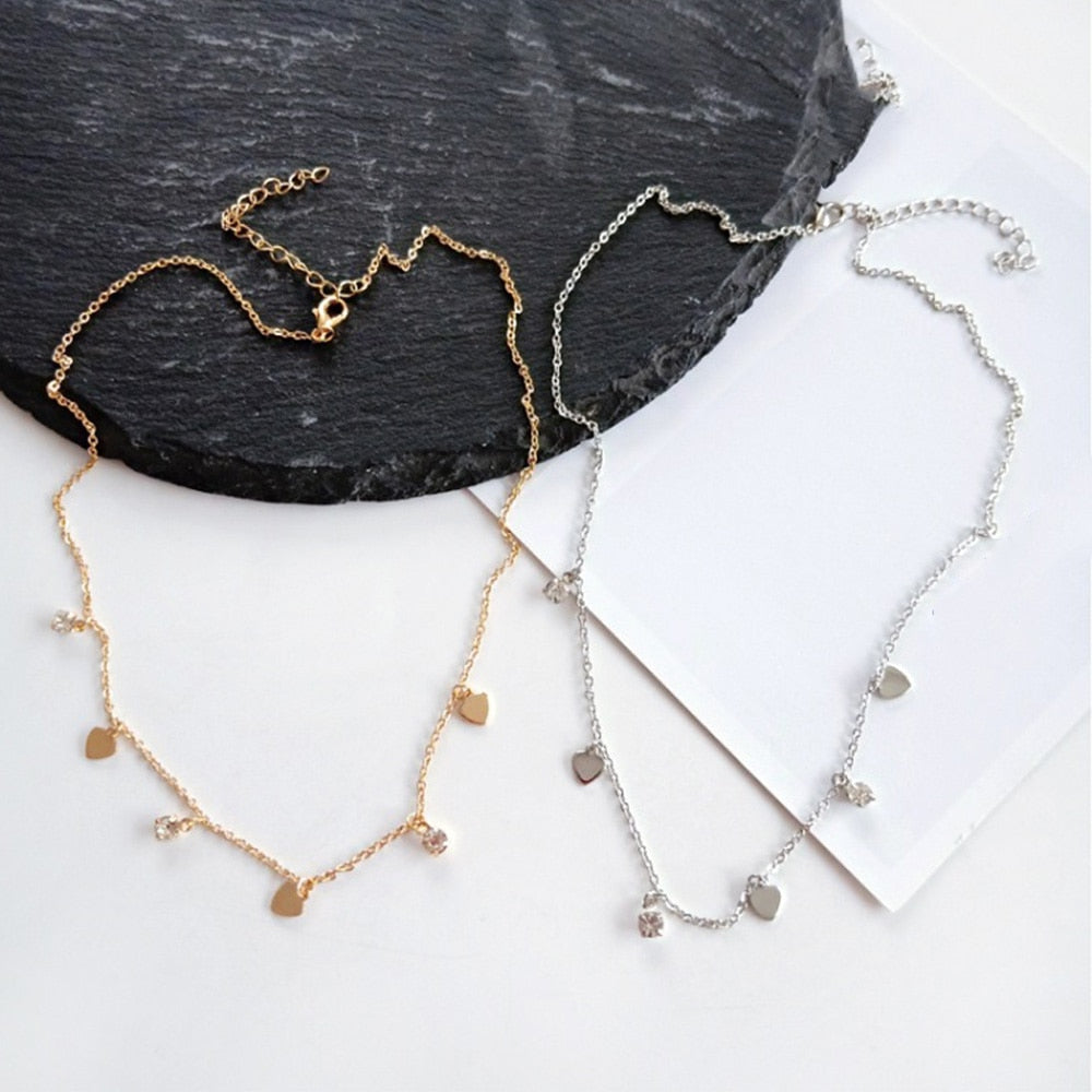 Simple Gold Silver Color Heart Choker Necklace For Women Metal Short Chain Necklaces Bohemia Crystal Pendant Female Jewelry