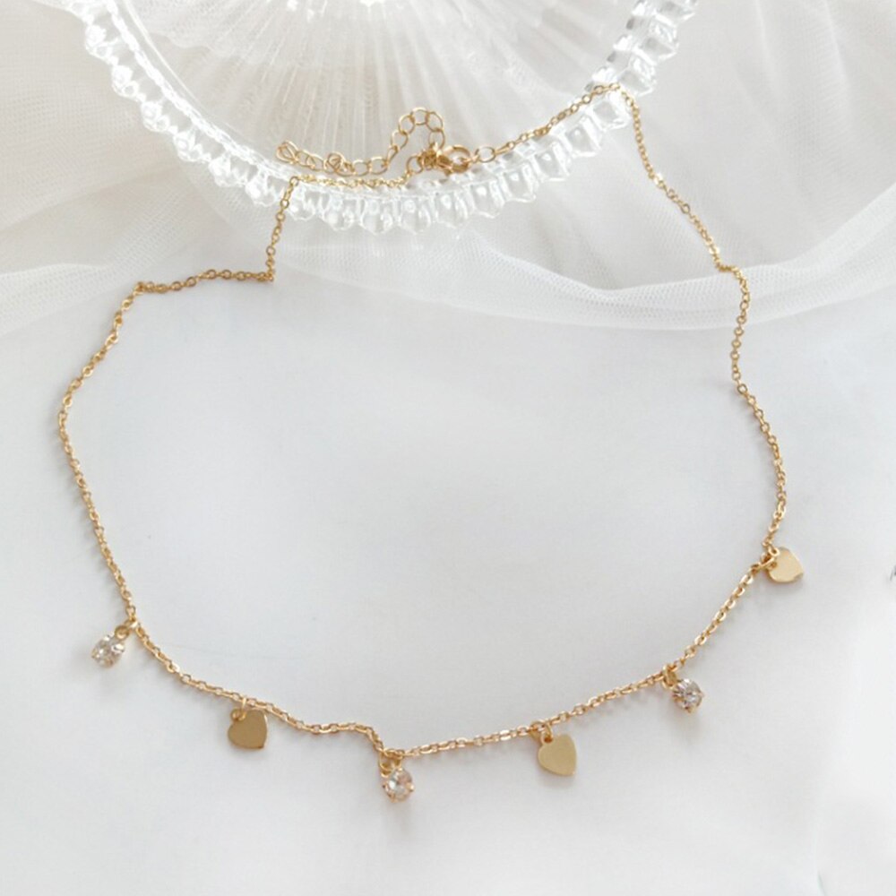 Simple Gold Silver Color Heart Choker Necklace For Women Metal Short Chain Necklaces Bohemia Crystal Pendant Female Jewelry