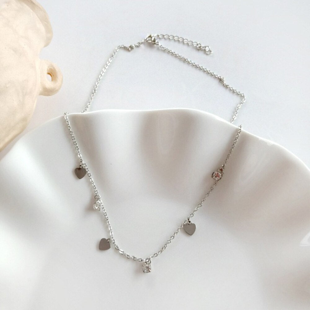 Simple Gold Silver Color Heart Choker Necklace For Women Metal Short Chain Necklaces Bohemia Crystal Pendant Female Jewelry