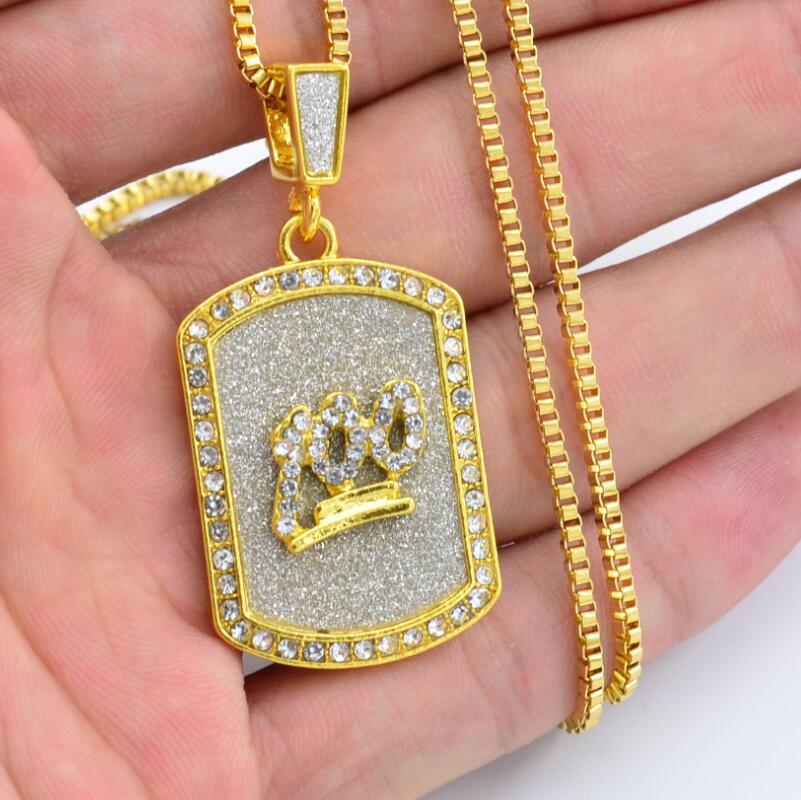 Simple Hip Hop Men's Glitter Necklace Gold Full Rhinestone 100 Points Dog Tag Pendant Jewelry Student Bling Necklaces Jewelry Gi