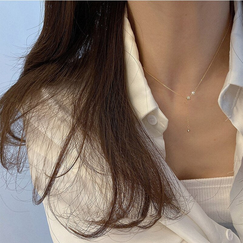 Simple Kpop Pearl Crystal Charm Pendant Necklace Gold Color Chain Choker Necklace Women Jewelry 2021 Collar
