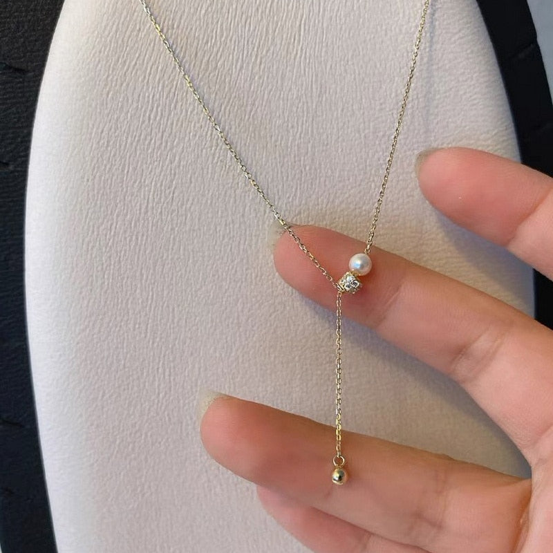 Simple Kpop Pearl Crystal Charm Pendant Necklace Gold Color Chain Choker Necklace Women Jewelry 2021 Collar