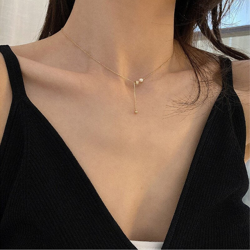 Simple Kpop Pearl Crystal Charm Pendant Necklace Gold Color Chain Choker Necklace Women Jewelry 2021 Collar