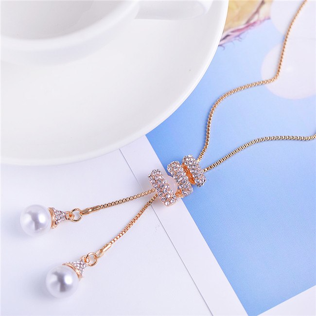 Simple Long Pearl Pendant Ladies Alloy Rose Gold And Silver Long Necklace Pendant Wild Rhinestone Tassel Gift Necklace